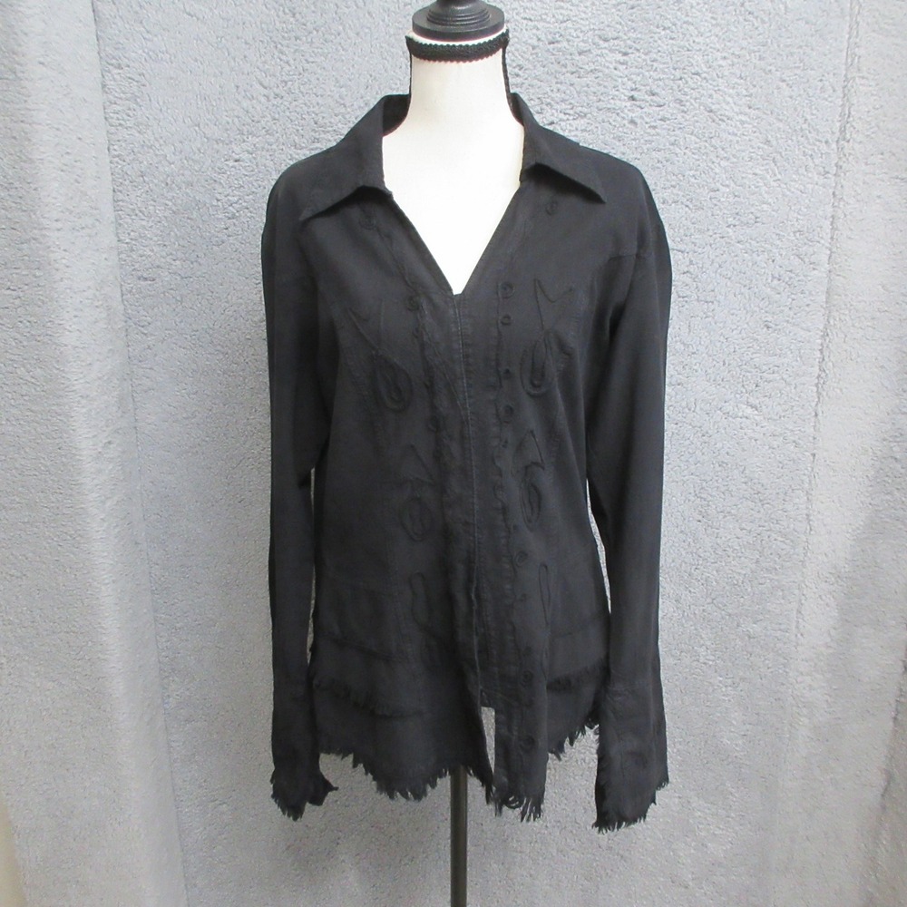 Scully Womens Black Western Embroidered Frayed Hem Long Sleeve Shirt Small